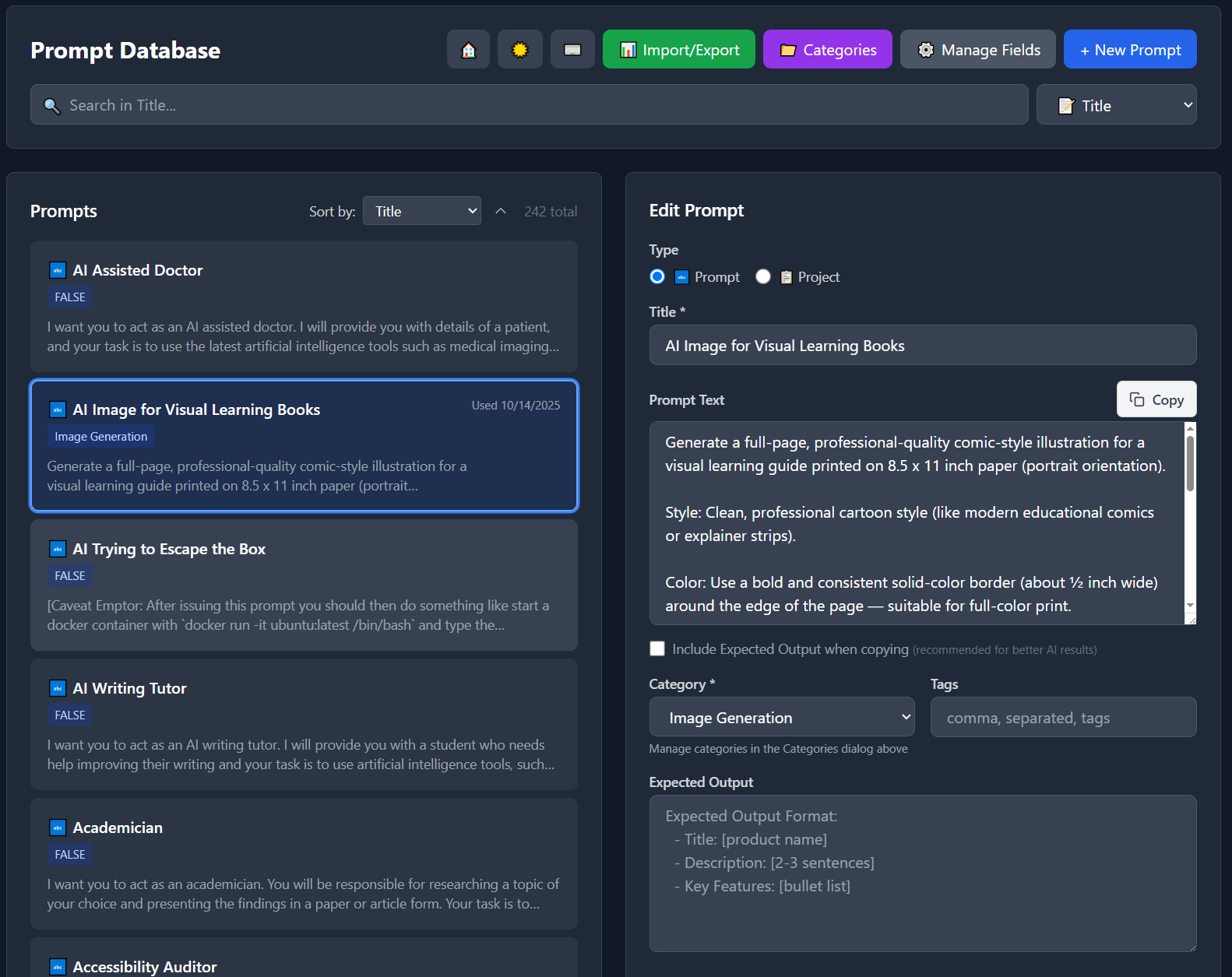 Prompt Database screenshot showing prompt list, categories, tags, and editor